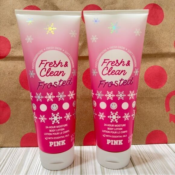2 VICTORIA’S SECRET PINK FRESH‎ & CLEAN FROSTED 24 HOUR MOISTURE BODY CREAM 8oz - Picture 1 of 7